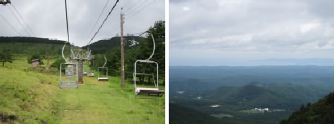 三瓶山観光リフト（左）と女三瓶山頂から見る島根半島方面（右）